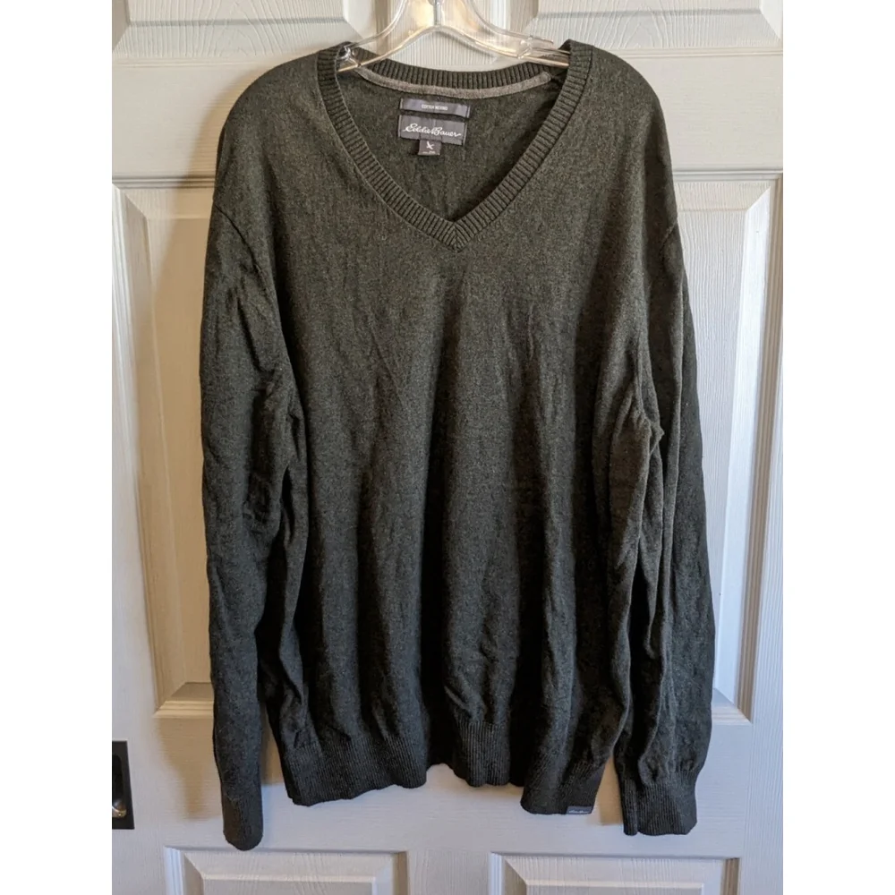 Eddie Bauer Sweater Men 2XL Cotton Merino Wool Long Sleeve V Neck Pullover Gray